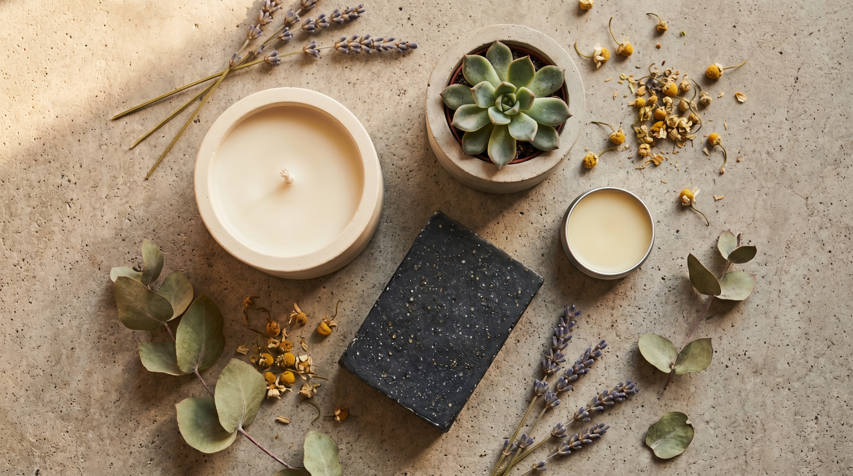 Flat lay of Concreet natural products on a concrete surface