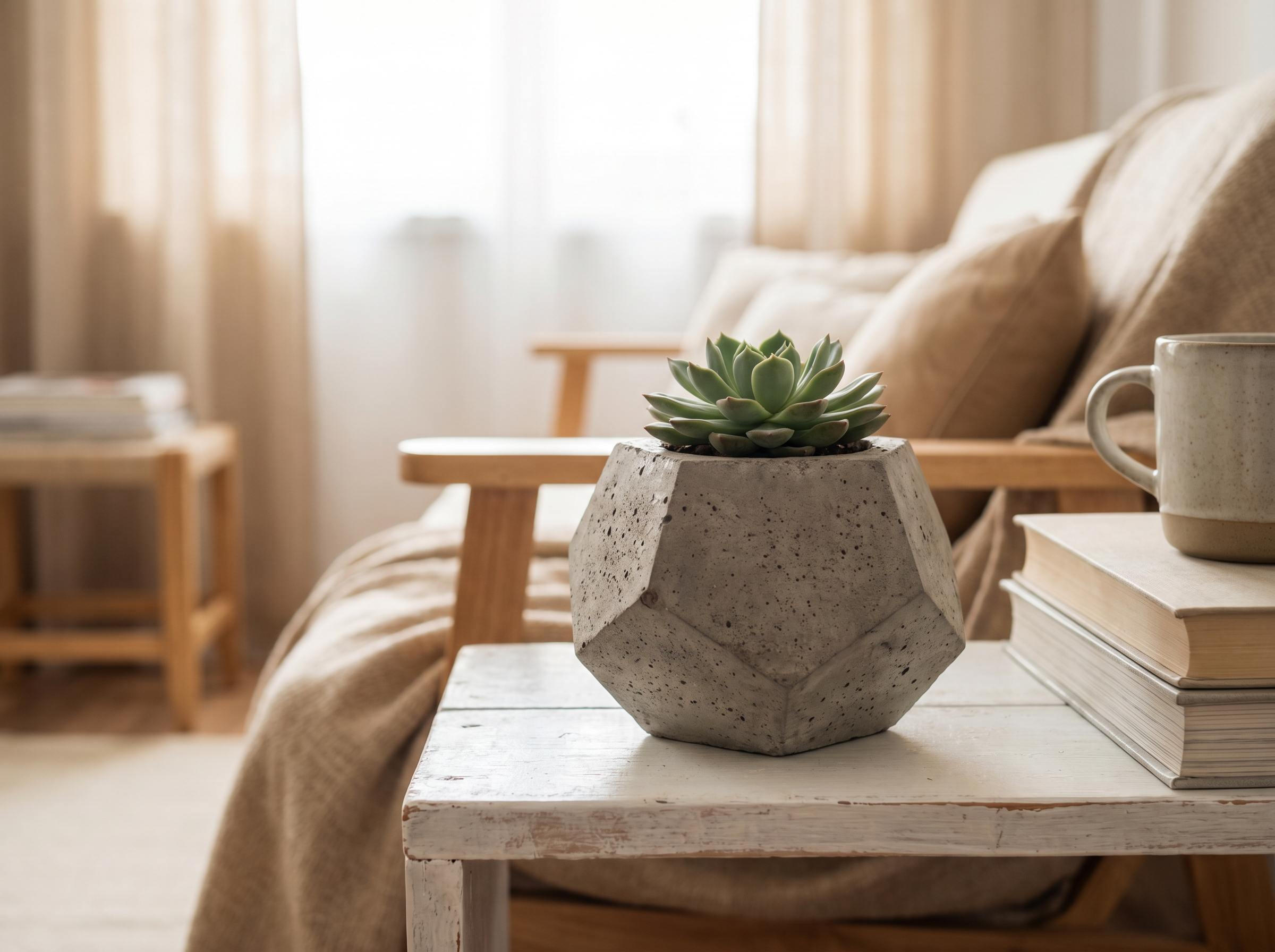 Geometric concrete plant pot with succulent