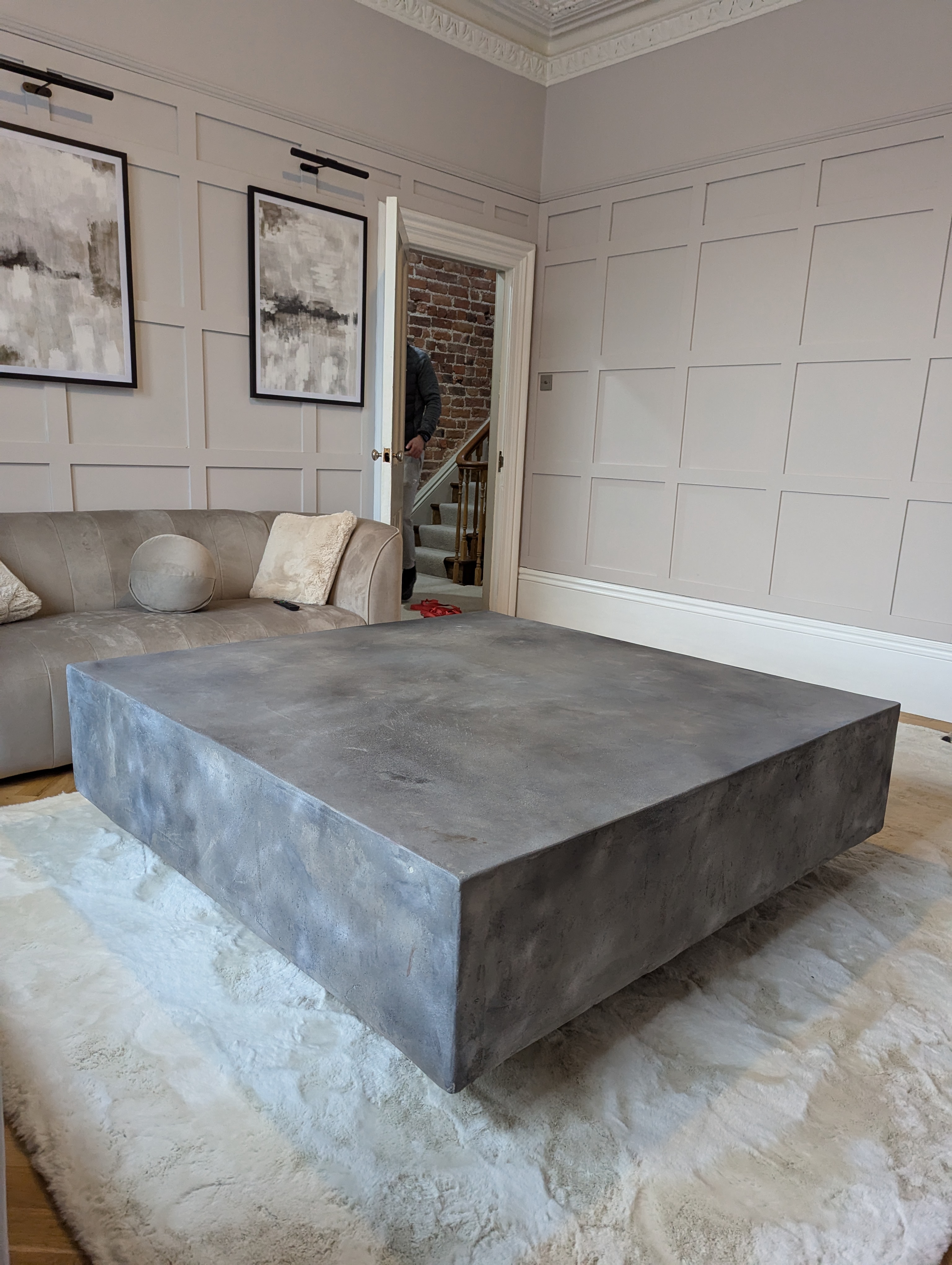 Large Square Concrete Coffee Table in Luxury Panelled Living Room — Concreet UK